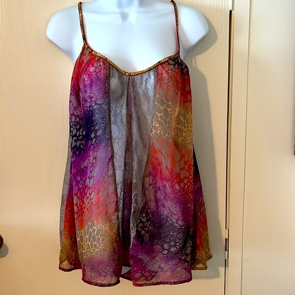 FREE PEOPLE SEQUIN MULTI-COLOR ANIMAL PRINT CAMI TOP BLOUSE SHIRT SIZE LARGE - Picture 5 of 16